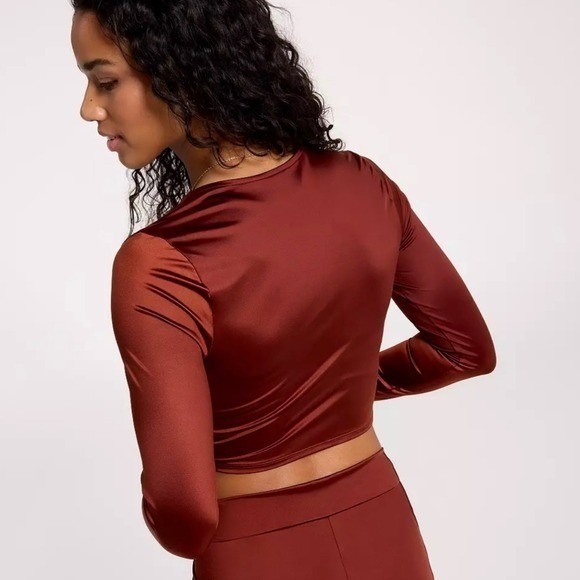 NWOT CALIA by Carrie Underwood Red Brown Shine Ruched L/S Rash Guard Swim Top M - Picture 2 of 8